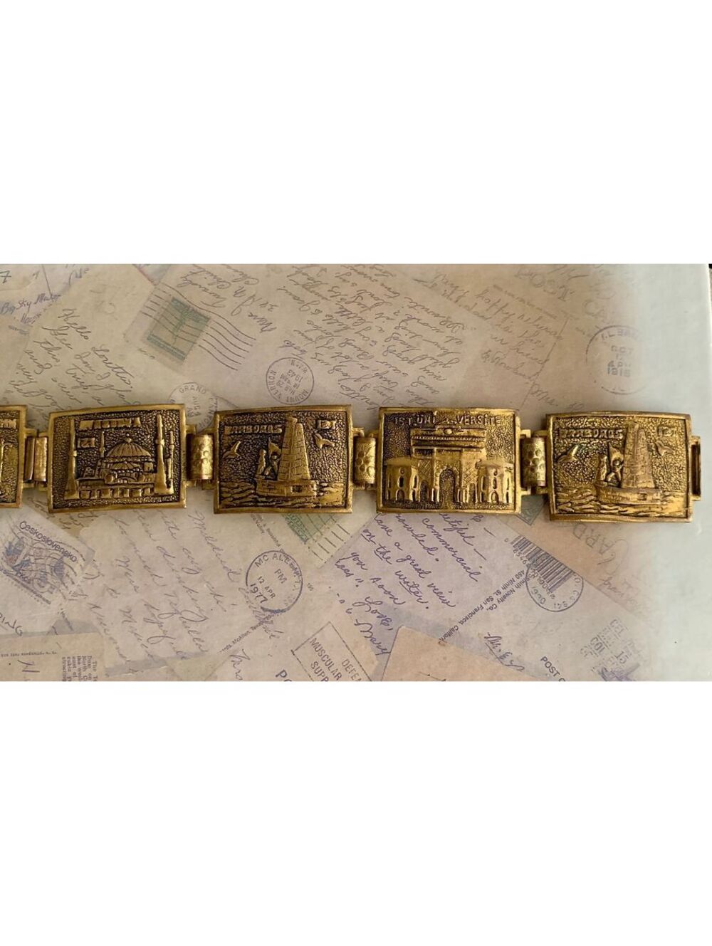 Vintage Istanbul Turkey Souvenir Panel Bracelet Brass Landmark Travel Link Piece
